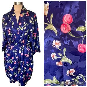 Vintage Kathryn Short Satin Robe Blue Cherries & Blossoms Sz L Tie Belt Novelty